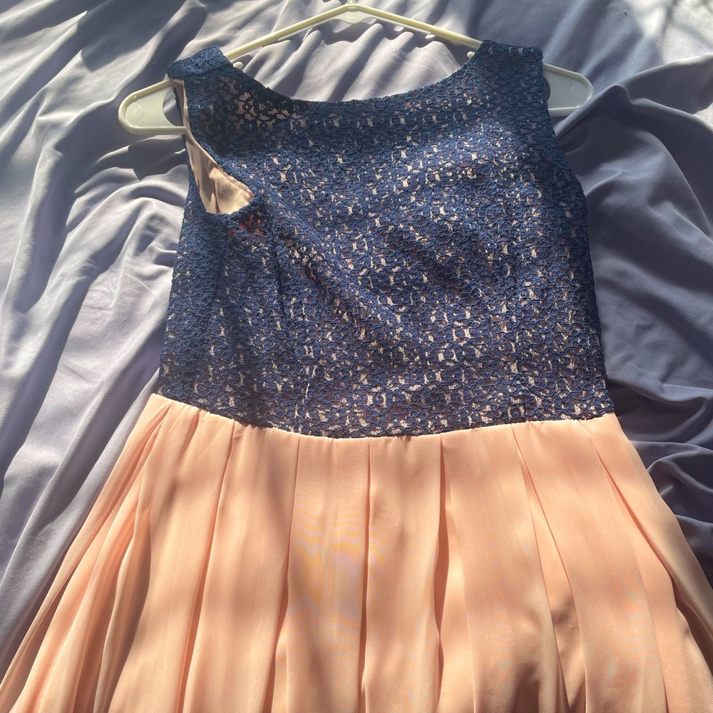 Tween dress, pink and blue with floral pattern for the top portion, B Darlin.